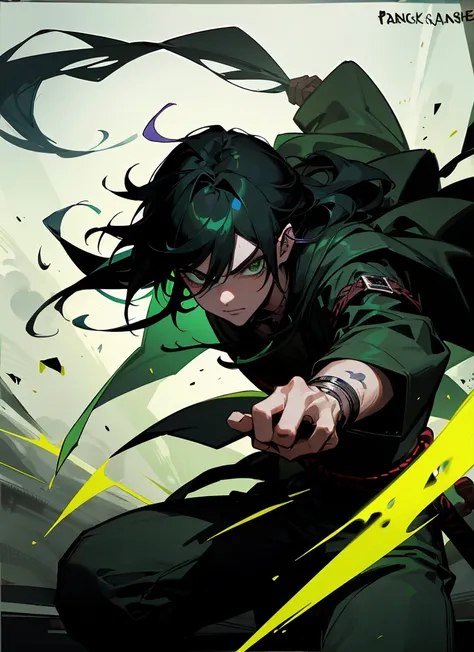 darkness wolrd, bad Rogue,male  hansome, earing, blackhairhighlightgreen hair, use knife,  21 yearold, fantasy, green eye, dark blackground , villianface, kind, legend, fashionlonghair,samuraihair, japanstyle,fighting