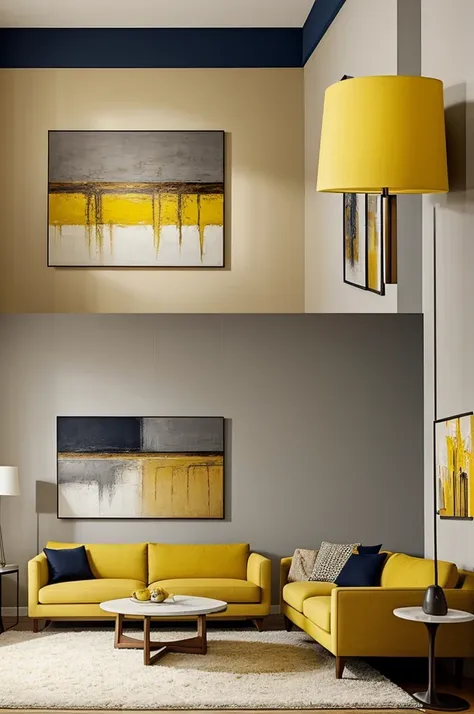 A room with a wall divided into 3 mustard yellow colors on the right, white in the middle and gray on the left, with a navy blue sofa in the middle and an abstract painting with brown and yellow colors in the middle, a vase on the left side and a lamp with...