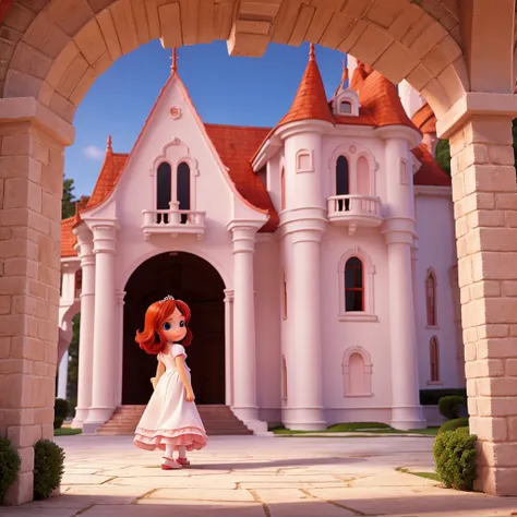 red-haired  princess in white dress walking through a pink castle 