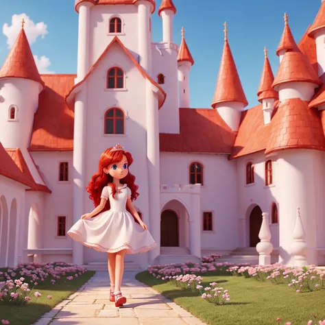 red-haired  princess in white dress walking through a pink castle 