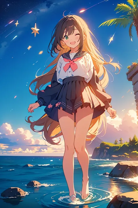 kawaii, anime, Cute, hyper quality, highly detailed, 8k, Front facing, Clarity, brown long hair, green eyes, smile, whole body, walk along the coast, one black cat, starry skies, night, moonlight, shooting star, Starlight, spread your hands, smiling, close...