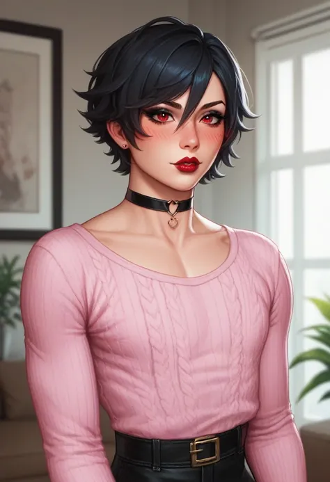 1boy, black eyeliner, male medium length mullet hairstyle, medium sharp hair texture, black hair, handsome, red eyes, white long gloves, pink oversize clothes, room, red lipstick, femboy, blush, thin waist, pink sweater, pink oversize pants, choker, beauti...