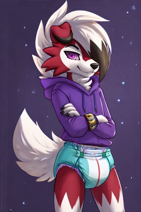  A dark purple Midnight femboy lycanroc wearing a blue and purple hoodie and diaper and white socks with black stripes and a gold necklace on his neck and with bracelets on his arms 