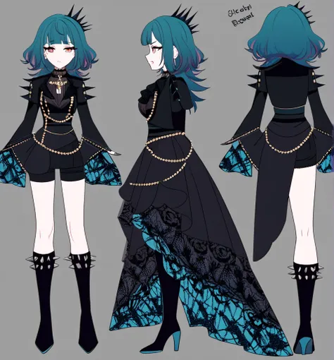 Make me an Ensemble Stars oc. Ensemble Stars art style. Give her short, messy, spikey teal hair with bangs. Brown eyes. Black, goth yet formal outfit. Elegant, regal. Shorts. {Female character.} Social anxiety. {Anxious.} Reference sheet. Blue fire details...