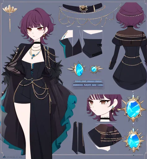 Make me an Ensemble Stars oc. Ensemble Stars art style. Give her short, messy, spikey teal hair with bangs. Brown eyes. Black, goth yet formal outfit. Elegant, regal. Shorts. {Female character.} Social anxiety. {Anxious.} Reference sheet. Blue fire details...