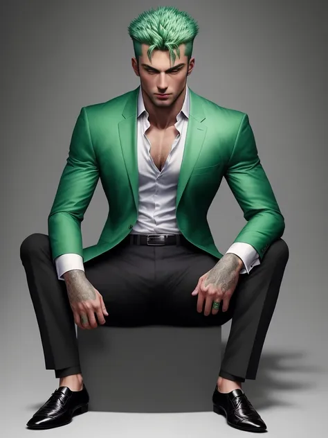 1 man, handsome, muscular, green hair, scar, black suit, black oxford shoes, socks, best quality, masterpiece, sitting,