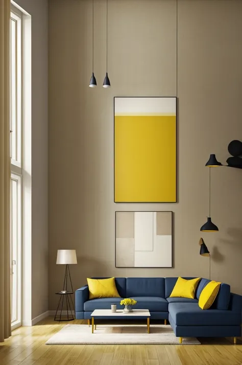 A room wall divided into 3 mustard yellow colors on the right side, white in the middle, gray on the left an abstract painting with yellow and brown colors in the middle a navy blue sofa in the middle, a vase on the left and a lamp with beige tones on the ...