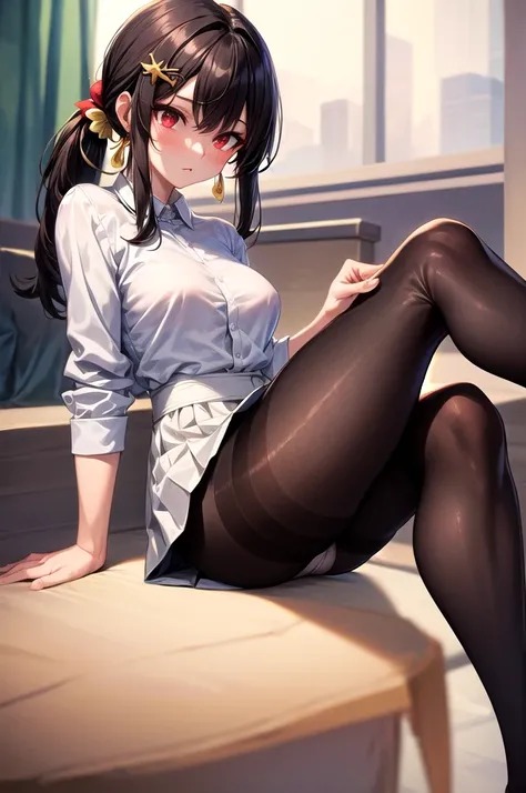 ((best quality)), ((masterpiece)), (detailed) ,white shirt, black skirt, black pantyhose, dark brown hair, ponytail, long bangs, medium breasts, thighs, red eyes, hair ornament, golden earrings, pantyshot, white panties, panties under pantyhose, sitting, l...