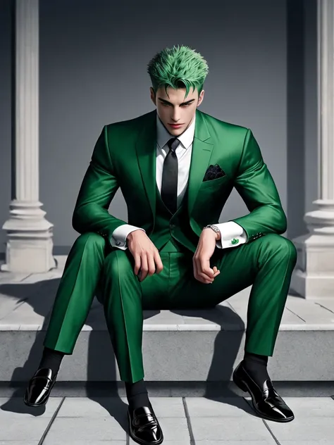 1 man, handsome, muscular, green hair, scar, black suit, black oxford shoes, socks, best quality, masterpiece, sitting,