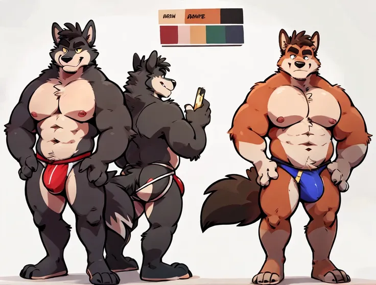 Wolf By Haps,1boy, abs, animal ears, bara, bulge, full body, white background, Seminude, Jockstrap, side, Standing, feet, Character sheet reference, 