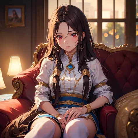 A young teen royal, long brown wavy hair, sitting on a sofa elegantly, red eyes, facing forward, emotionless expression, confident, hide the hands, (best quality, 4k, 8k, highres, masterpiece:1.2), ultra-detailed, (realistic, photorealistic, photo-realisti...