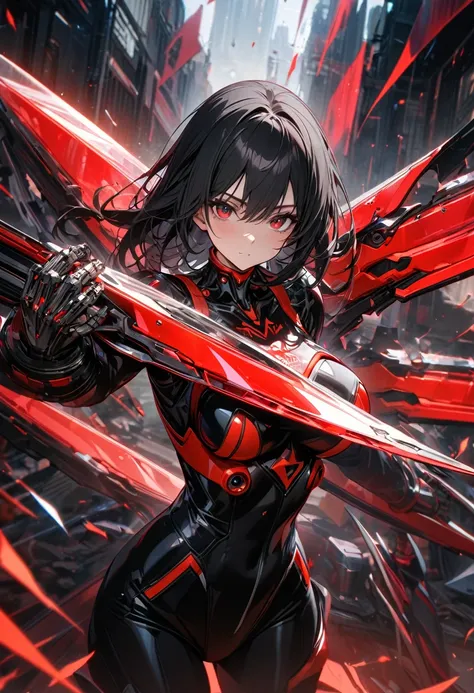 Adult girl, long black hair, red eyes, cyborg, very tight transparent batllesuit, cyber blades on hands, transparent elements, Masterpiece, best quality, Full HD, 8k, ultra details, great graphic