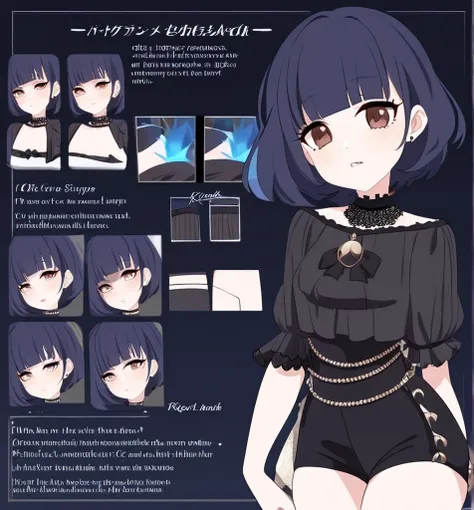 Make me an Ensemble Stars oc. Ensemble Stars art style. Give her short hair that becomes long at the end. Messy, spikey dark blue hair with bangs. Brown eyes. Black, goth yet formal outfit. Elegant, regal. Shorts. {Female character.} Social anxiety. {Anxio...