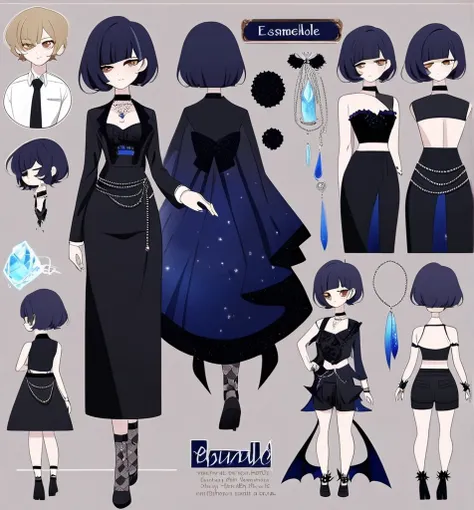 Make me an Ensemble Stars oc. Ensemble Stars art style. Give her short hair that becomes long at the end. Messy, spikey dark blue hair with bangs. Brown eyes. Black, goth yet formal outfit. Elegant, regal. Shorts. {Female character.} Social anxiety. {Anxio...