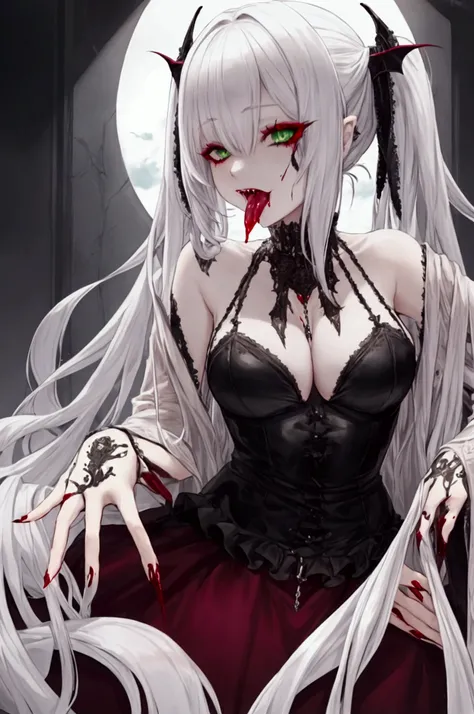 vampire,Silver Hair,girl,Green Eyes,Blood dripping onto the tongue,1 person,Front view