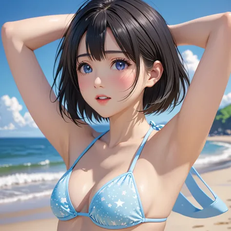 National Science Foundation,masterpiece,High resolution,8k,Art,digit,Three-dimensional,Realism,Kyoto Animation Style,your name movie style,looking into camera,On the scenic beach,(1 girl: 1.3),(alone: 1.4),Tiny Bikini Swimsuit,Put your hands behind your he...