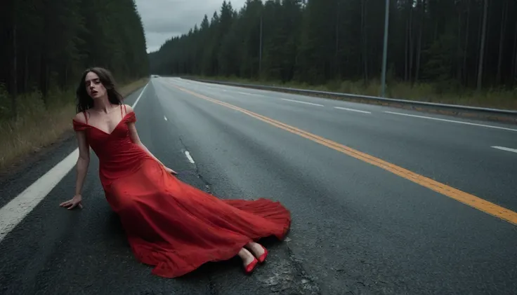 A red dress thrown on the ground on a highway at night surrounded by a tense and gloomy forest