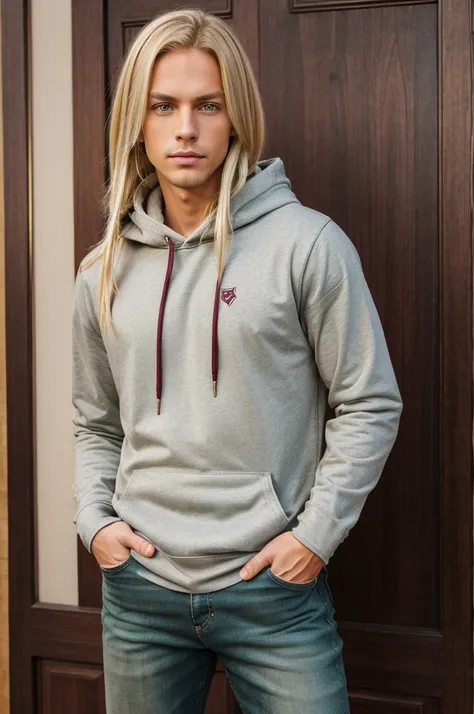 ((best quality)), ((Nice Background)), Blond hair, Green shiny eyes, Maroon Hoodie, Brown Jeans, Grey Shoes, In a living Toom