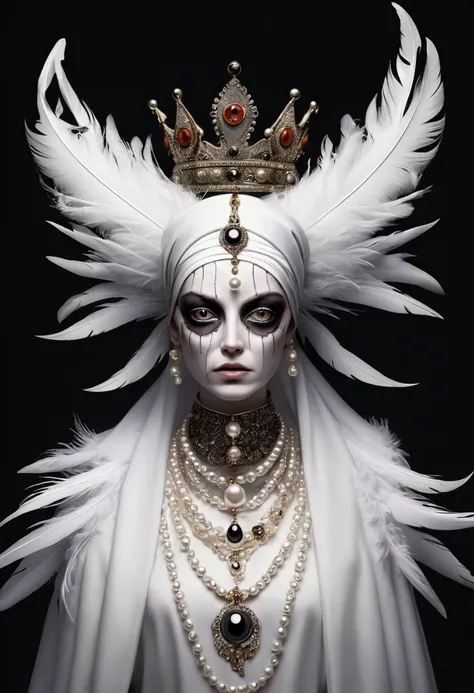 (masterpiece, best quality:1.2),Grotesque Aesthetics:1.56，Thriller， Ugly faceless person，There are many eyeballs growing on the skin of the face，teeth， Solitary，black background，crown，White headscarf，hand，Pearl Necklace，White feather clothing