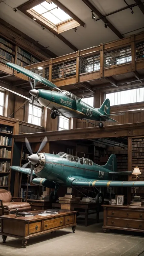 Create a library with the history of aviation from a disused plane, with shelves and furniture being used with the planes own parts, and the propeller in the planes nose is a beautiful lamp.