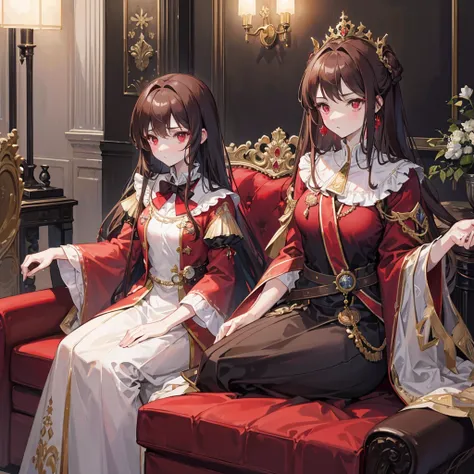 Create an image of a young royal girl with red eyes and long brown hair. She was in a room sittin on a sofa and facing front. She is stoic and emotionless. She is very confident and elegant 