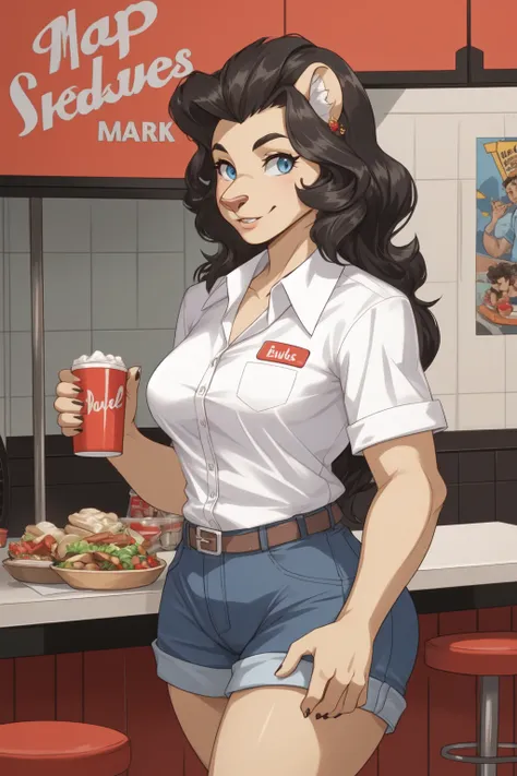 A female lion, long black curvy hair, in a 50 style, wearing a pin up 50’s shirt, wearing jean shorts short, as a 50’s pin up doll, as a server in a 50’s diner, hd 8k, blue eyes