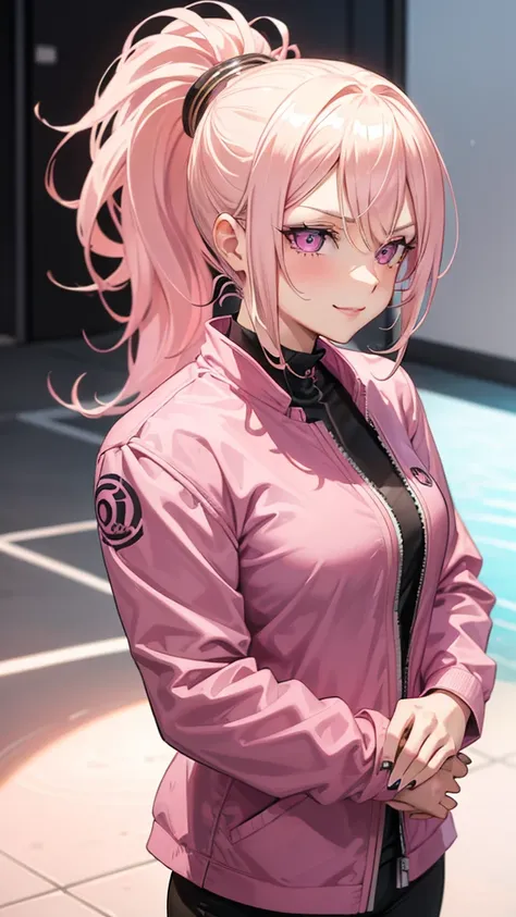 (((Adult woman))), ponytail blonde hair, (Pink eyes), pink suit, smirk