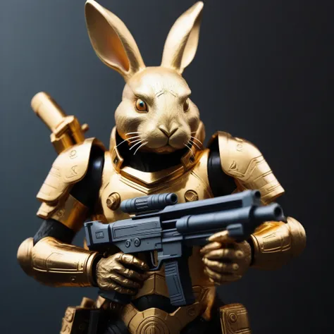 Anthoropomorphic gold rabbit warrior from the future holding a blaster, close up