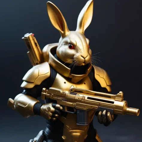 Anthoropomorphic gold rabbit warrior from the future holding a blaster, close up