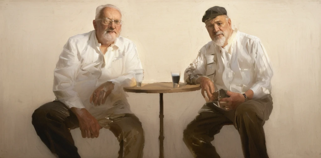 oil painting of two old men sitting ((best work of art)) ((two elderly men))  ((white background)) bar table, whiskey shots, bro...