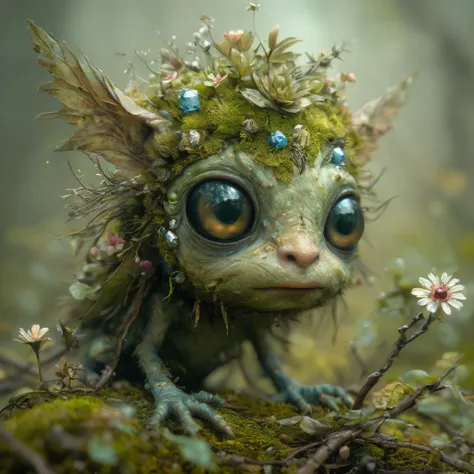 forest creature looking for a mate,little fat fairy made of moss,twigs,flowers,gems,crystals,lights,wind,energy,hope,super high ...