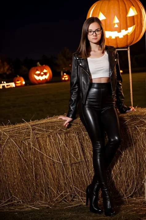 teenager girl, pale, wearing glasses brown shoulder length brown straight hair, black leather jacket, black leather leggings, black heels, halloween night setting on a hay bell