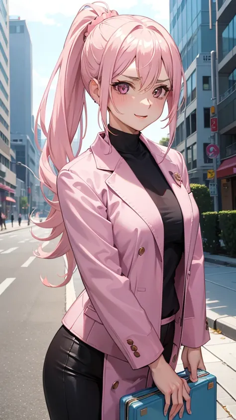 (((Adult woman))), ponytail blonde hair, (Pink eyes), pink suit, smirk, morning city