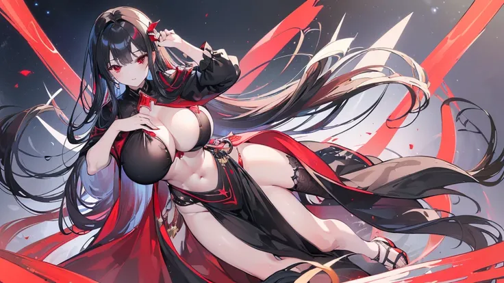 (Exquisite eyes),(Clear and beautiful eyes:1.61),masterpiece, 1 young girl,(Black clothes and some red gems), Black long hair, (She has a huge red gem on her chest), Good Hand,((The Havoc of StarCraft)),full-body shot,Fighting Stance,(Red Eyes:1.466)，short...