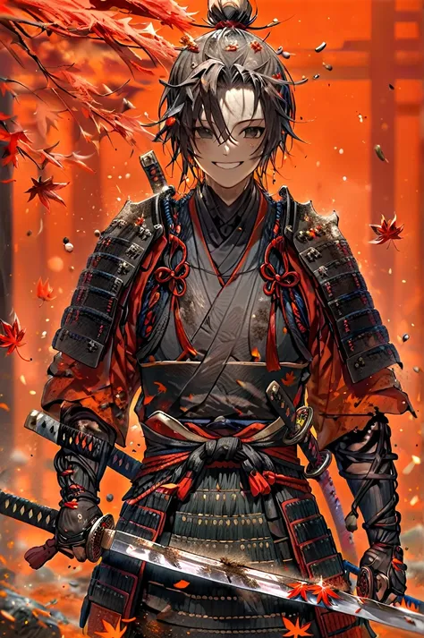 Samurai, Dirty, Long Hakama, Boy, Two sword, black eyes, black samurai hair, ragged body, Torn clothes, Smile, Maple leaf background. 