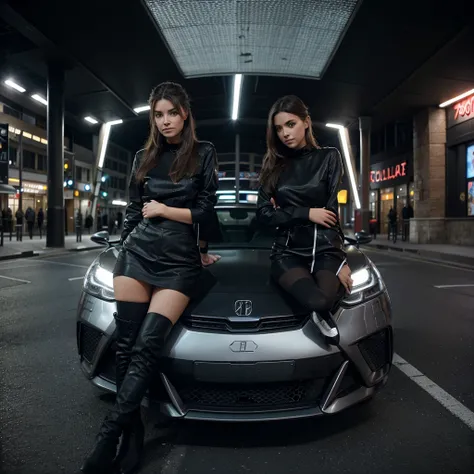 Génère l’image d’une fille élégante posant avec attitude à côté d’une voiture de sport dans un parking urbain éclairé la nuit, avec des gratte-ciel brillants en arrière-plan. Focuse la scène au centre de l’image, mettant en valeur le style et la sophistica...