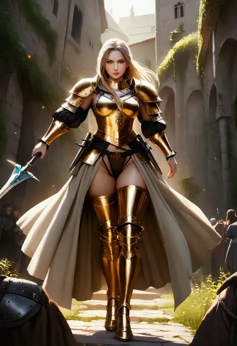 goddess of war, female,  warrior, sexy,medieval golden armor, full body, spear, realistic