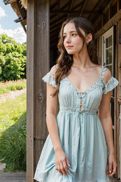 A beautiful woman with light delicately filtering through her hair, her summer dress is beautiful and shes standing in front of a cottage