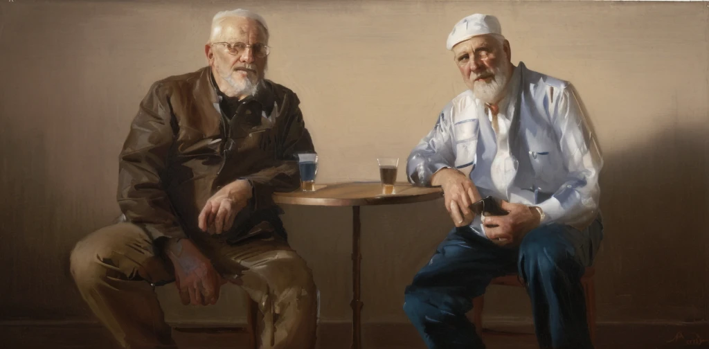 oil painting of two old men sitting ((best work of art)) ((two elderly men)) bar table, whiskey shots, brown hair, modern, curre...