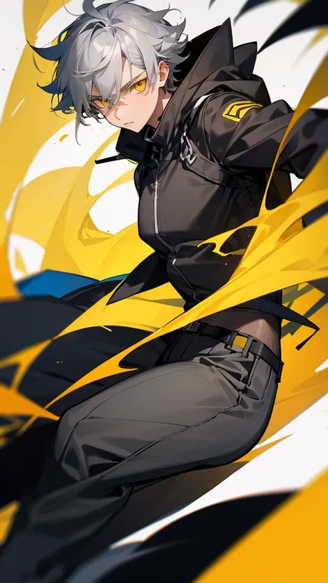 Teenage male character with gray hair and yellow eyes and black clothes 