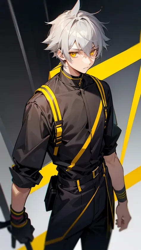 Teenage male character with gray hair and yellow eyes and black clothes 