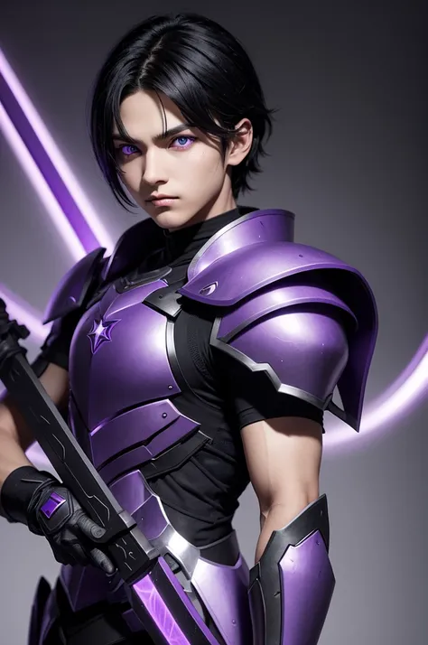 Create an image, where a boy with black hair and purple star eyes wears purple and black armor, with a purple halo too, and a black sword with purple details in his hand.