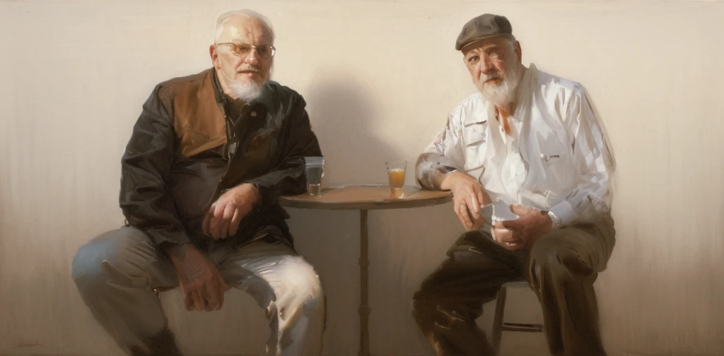 oil painting of two old men sitting ((best work of art)) ((two elderly men)) ((white background)) bar table, whiskey shots, brow...