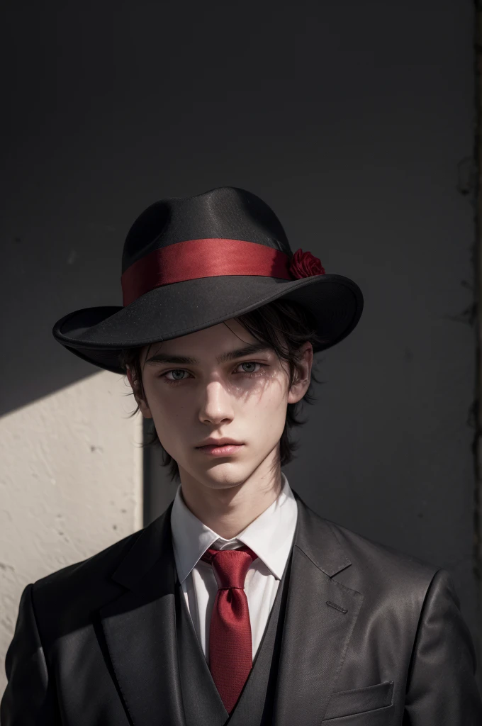 A young, mysterious man in a black hat with red detail. The hat casts a shadow over his face.  It is noticeable that he is wearing a suit with a red tie but the photo only shows the upper part of his body