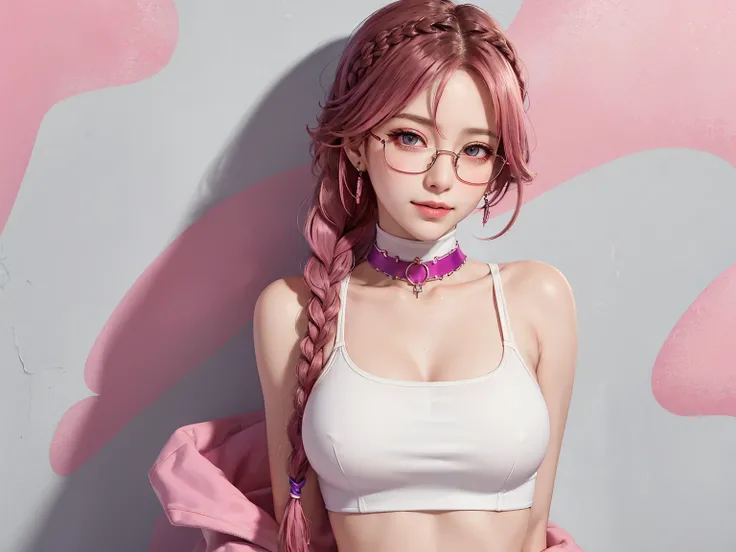 (Masterpiece, best quality, 1 girl, alone, complicated details, Chromatic aberration), realistic, ((Moderate breath)),long hair, pink hair, Red headpiece, Pink Highlights, hair on one eye,purple eyes, earring, sharp eyes, choker, Neon coat, She wears a col...