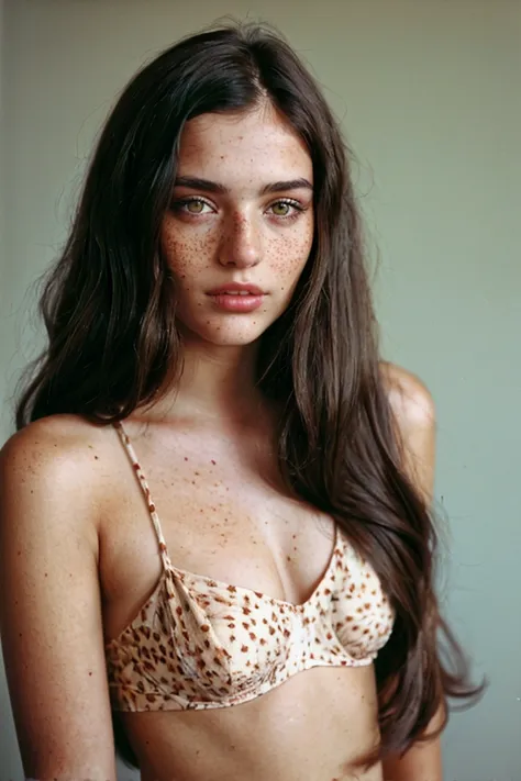 stunning brunette woman with freckles, portra 400 film photo, analog inspiration