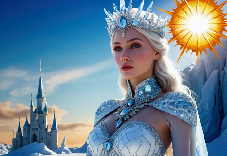 `an ice queen in a kingdom with the sun in the background, high definition, rich in details`  