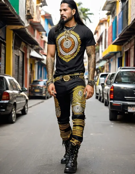 Rocker man with t-shirt with prints of Colombian indigenous designs, like the muiscas, only gold colors, silver and black in the design with the prints Black military pants, with rear chains, buckles and studs.
Military boots or black tennis shoes 