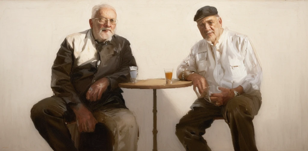 oil painting of two old men sitting ((best work of art)) ((two elderly men)) ((white background)) bar table, whiskey shots, brow...