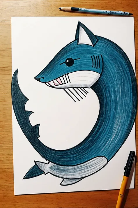 Drawing of a cat with a shark tail 